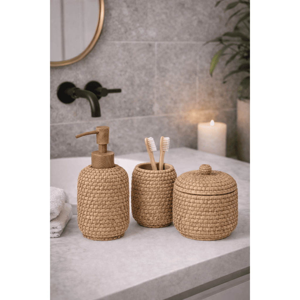 Kit Para Lavabo Banheiro Dispenser Copo E Pote Porta Algodão Boho Chic Em Poliresina 3 Pcs