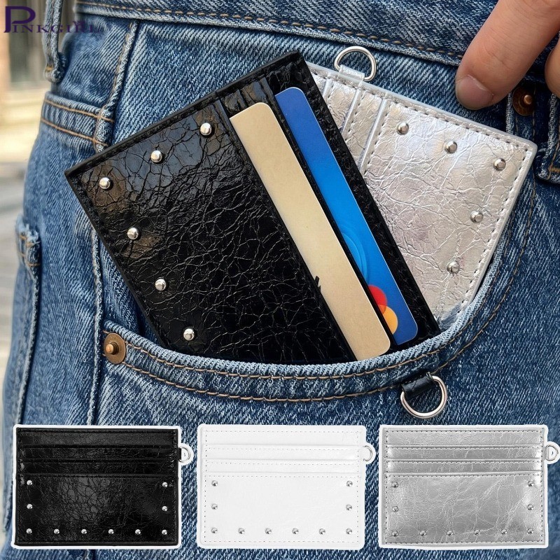[Chic] Porta-Cartões De PU Ultrafino De 3-1 Unidade-Bolsa De Moedas Rachadas Rebitadas Mini Zero De Couro Cartão Multi S