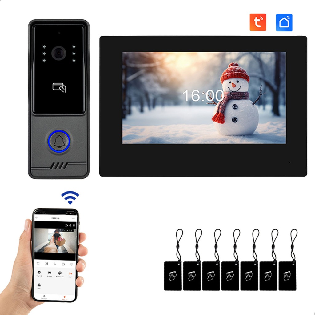 Video Porteiro APP Tuya 1080P IPS Touch 2MP, Campainha com Câmera, Desbloqueio Remoto por Cartão IC e NFC, Visão Noturna