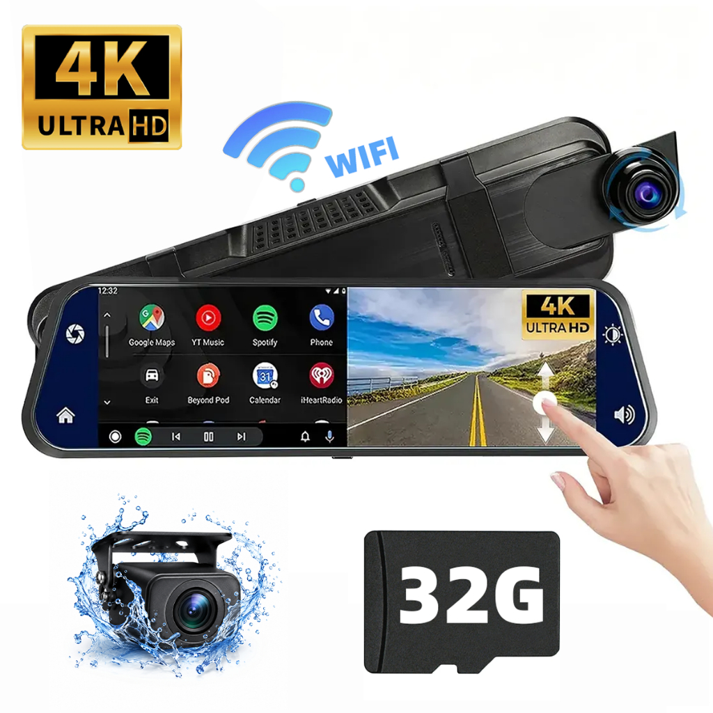 Câmera Veicular 4K+1080P WiFi Touch Dash Cam Frente e Traseira Dupla Gravação Visão Noturna