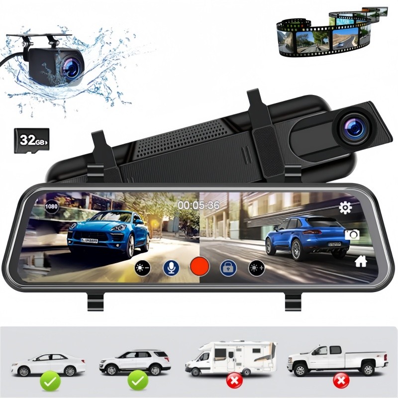 Câmera de painel de carro retrovisor 10 polegadas touch gravação frente e trás 1080P ADAS com cartão 32G