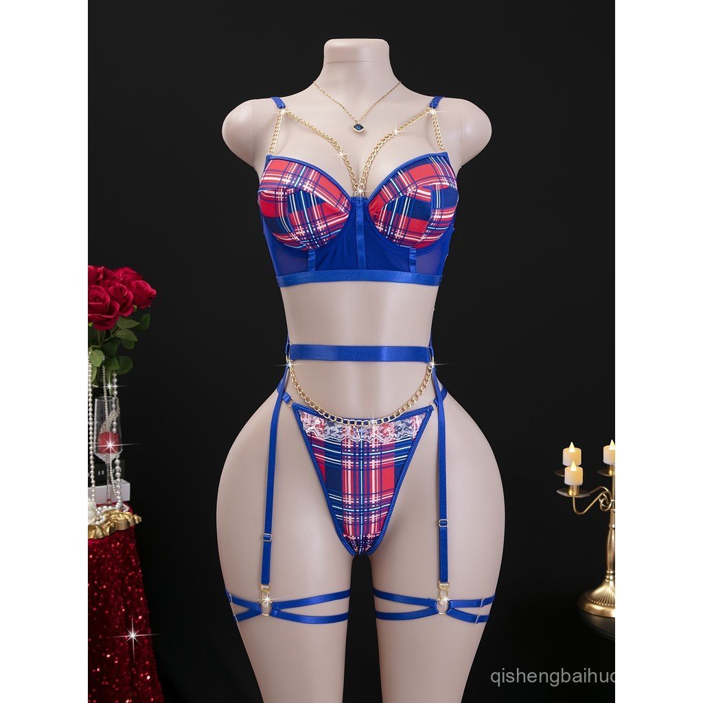Roupa íntima xadrez azul com corrente de metal Lange, corrente de aço de titânio com luz mágica de águas profundas, roup