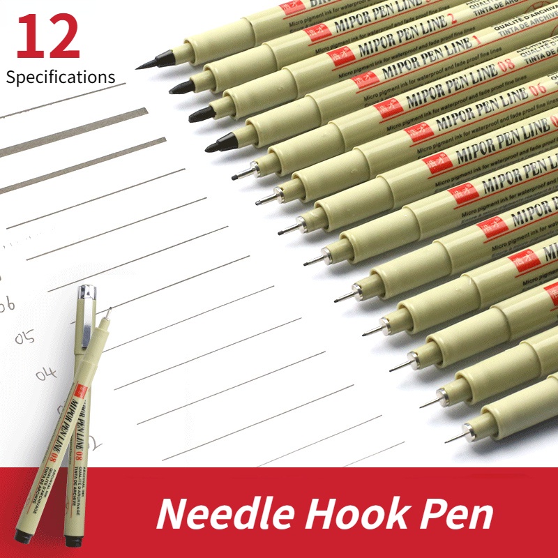 12PCS/SET Caneta De Agulha À Prova D'água Linha De Gancho Pintada Mão Engenharia De Desenho Manga Marcadores Para Escrita Papelaria Estudantes Escritório Escolar Material De Arte