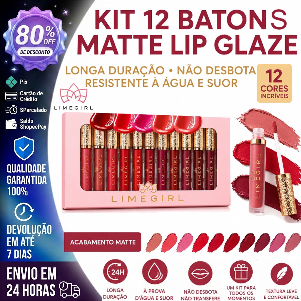 【LIMEGIRL】Kit 12 Batons Matte Lip Glaze Longa Duração Não Desbota Resistente à Água e Suor L-0206