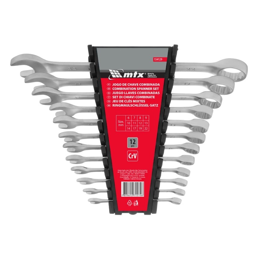 Jogo de Chave Combinada Cromo Vanádio Fosco 6-22mm 12 Peças MTX Profissional Resistente