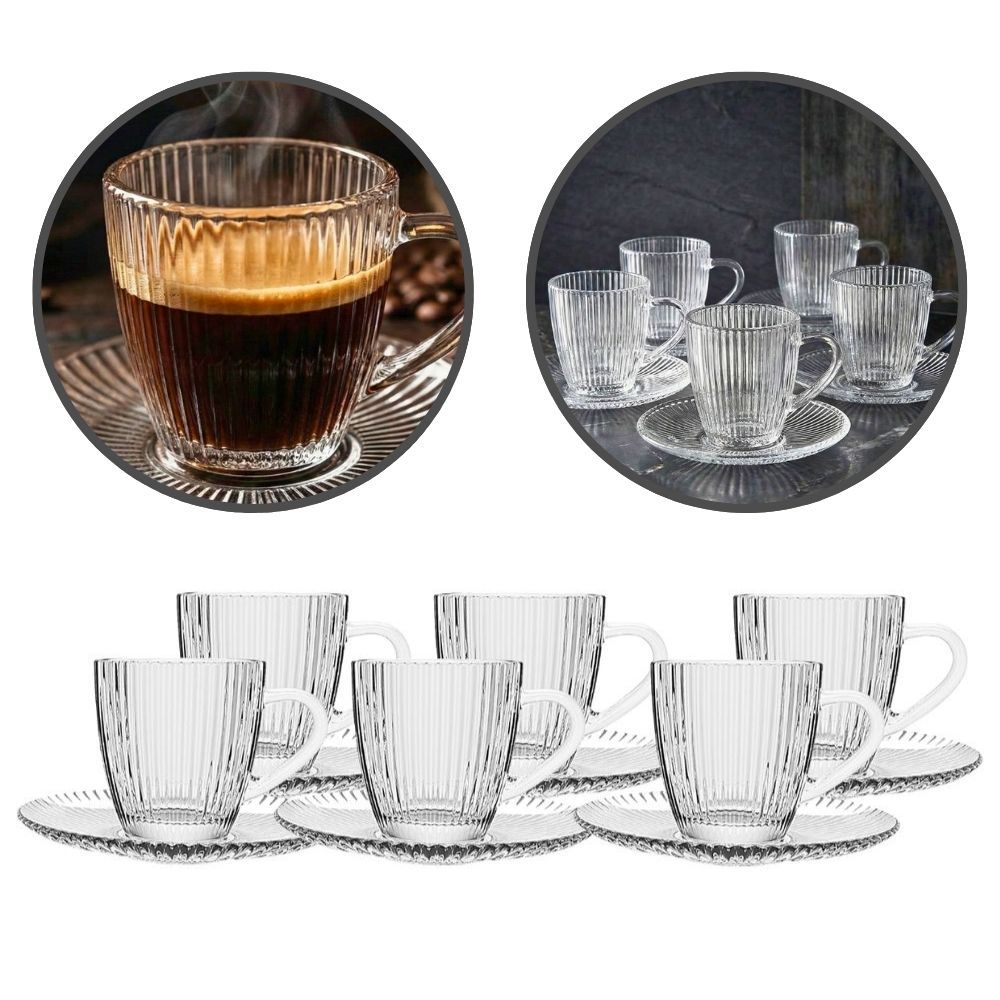 Jogo de Xícaras de Café Com Pires Vidro Canelado Sleek 100ml 12pçs Mimo Style