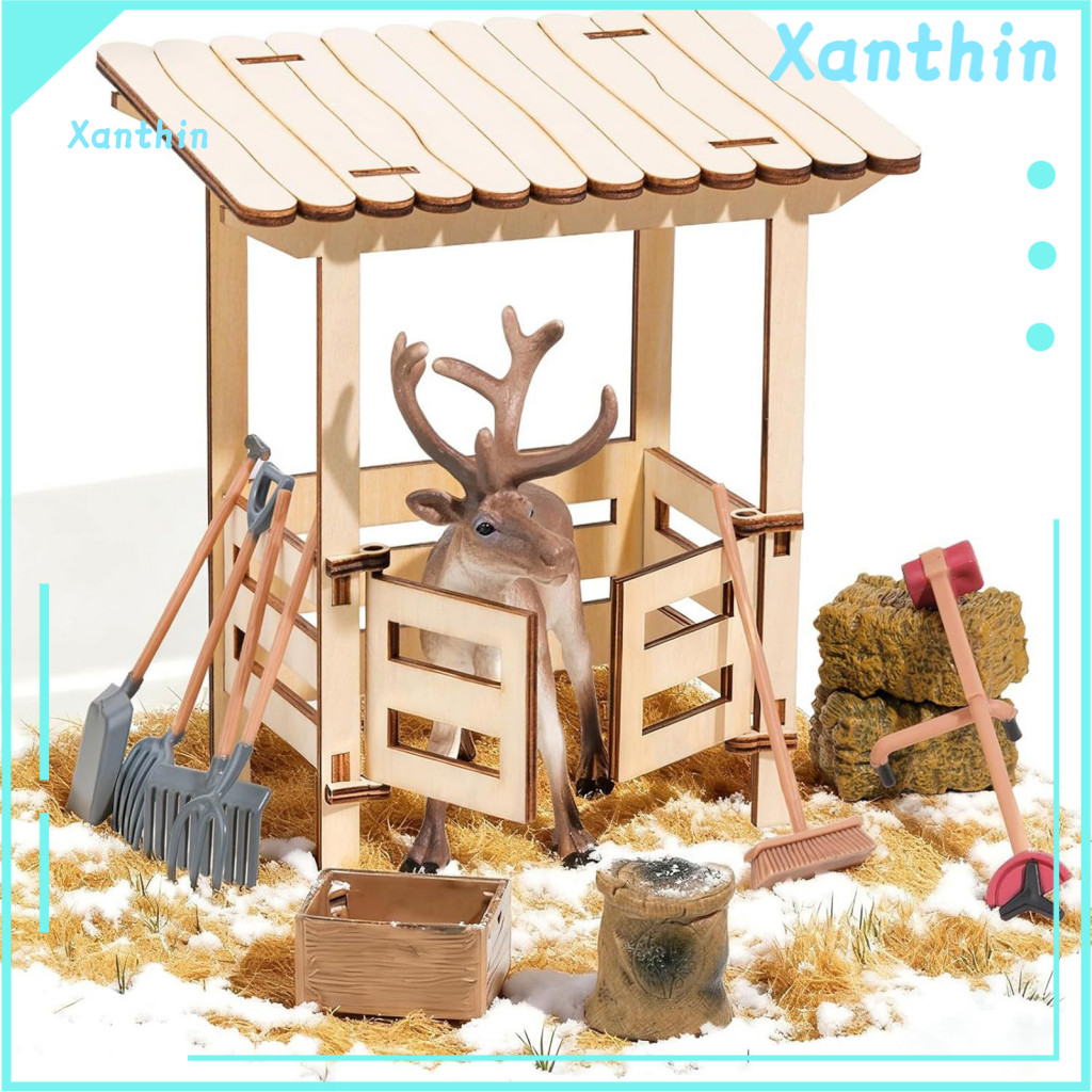Farm Play Set Care Pretend 12pcs Wooden Reindeer Playset with Stable Fence Feeding Tools Christmas Decor – Imaginative
