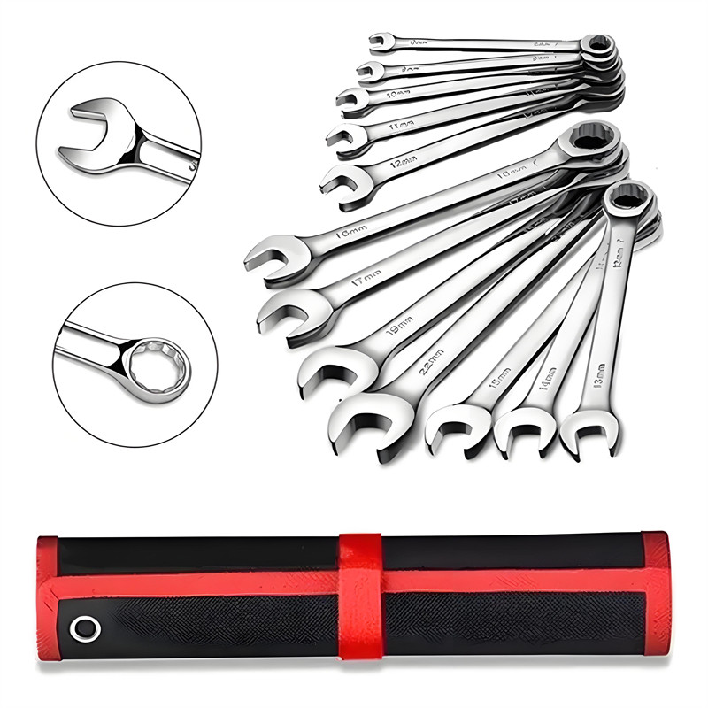 Jogo Chave Combinada 8/12Pçs Boca Estrela Açocromado，Bolsa de ferramentas de hardware，bolsa de lona para chaves
