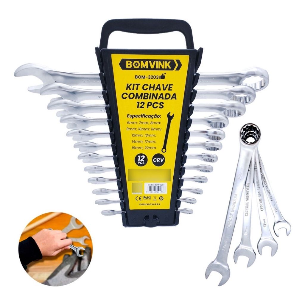 Jogo De Chave Combinada Kit 12pc Aço Cromado 6-22mm Crv