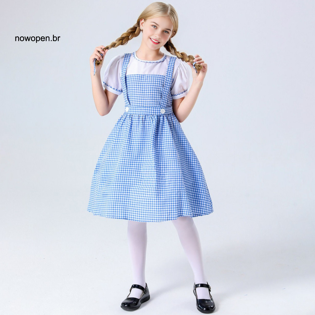 Gingham Dress for Girls Children World Book Day Costume Kids Blue Halloween Fairytale Party Dress-up Outfit Cosplay for