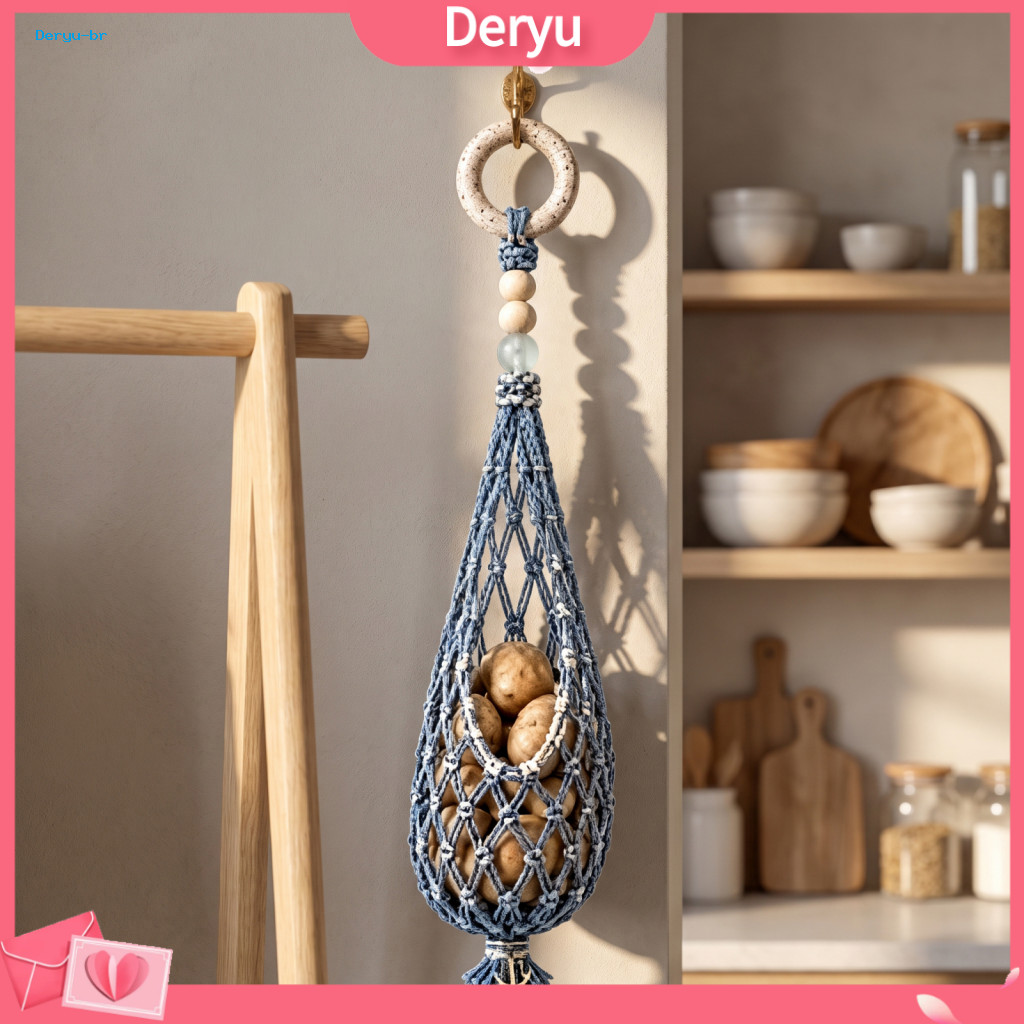 Hanging Fruit and Vegetable Hammock Cotton Rope Produce Storage Bag Handwoven Mesh Wall-mounted Bohemian Organizer Baske