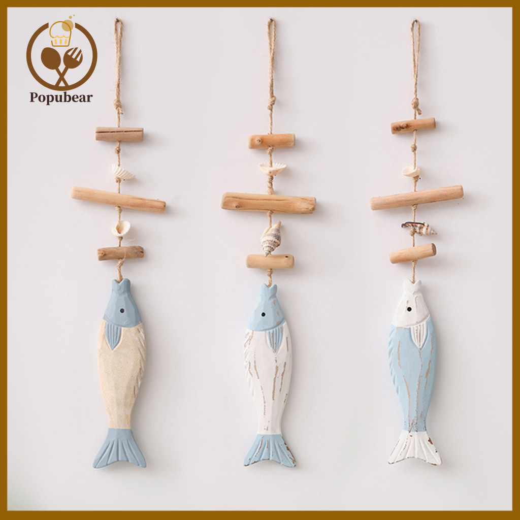 Easy Hanging Fish Ornament Handmade Small Pendant Wall Decor with Hemp Rope – Solid Wood Coastal Style to Hang No Dril