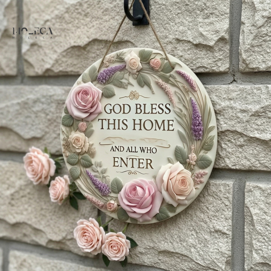 Embossed Rose Wall Decor Rustic Farmhouse Home Decoration Wooden Door Hanger Sign – Floral Front with Hanging Rope Dec