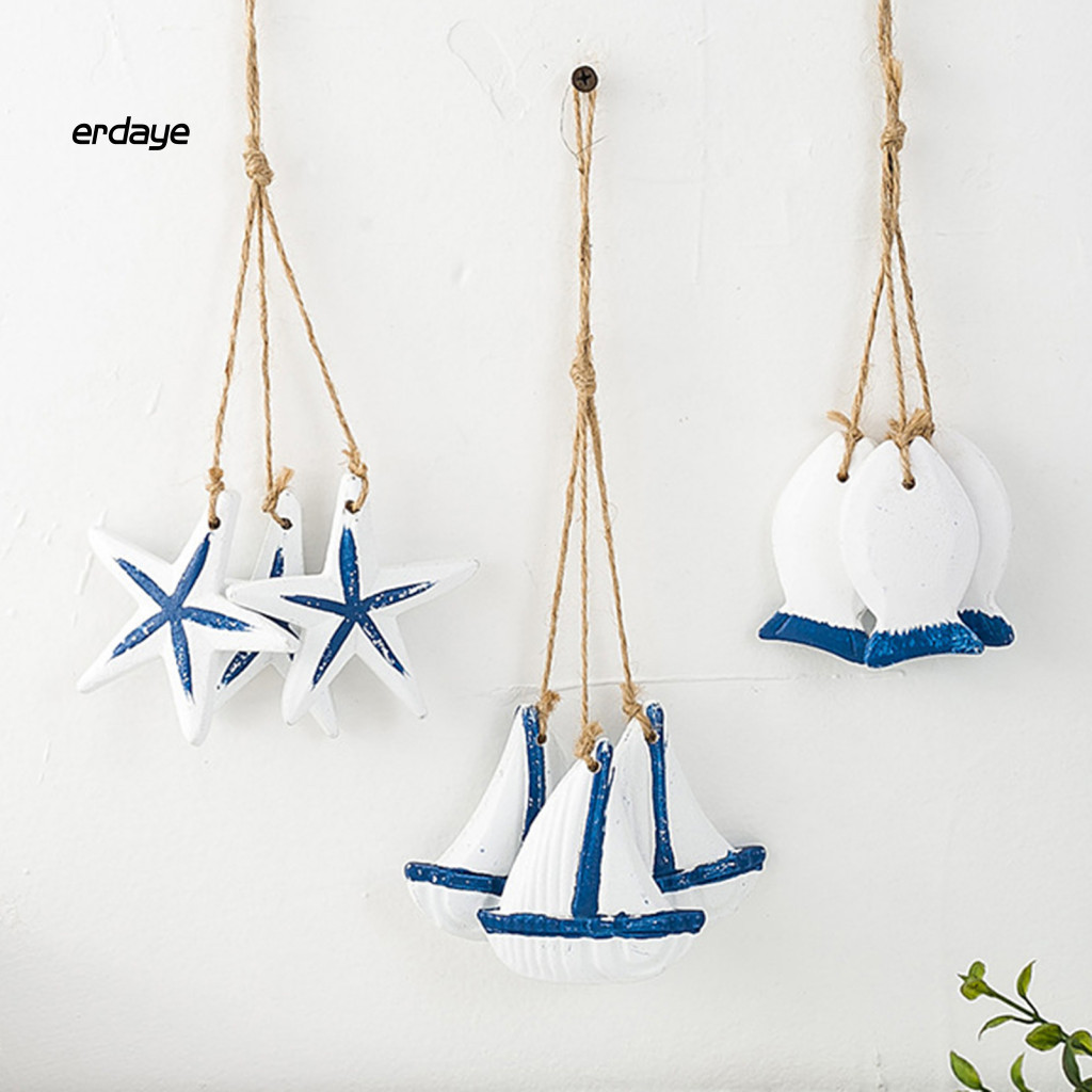 Rustic Nautical Wooden Coastal Wall Decor with Starfish Sailboat Sea Fish Beach Themed Hanging Ornament Jute Rope for Ro