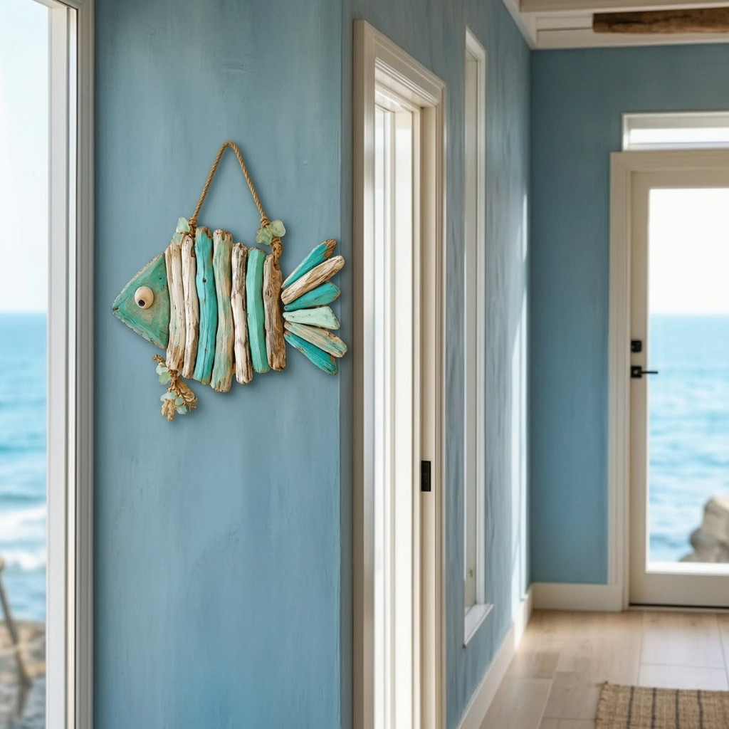 Rustic Coastal Fish Wall Decor with Sea Glass Jute Rope – Handmade Bohemian Beach Style Hanging Ornament for Bathroom