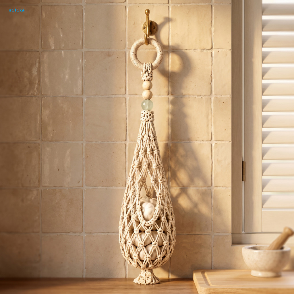 Wall Mounted Kitchen Vegetable Saver Hanging Fruit and Hammock Handwoven Cotton Rope Mesh Bag Wall-mounted Bohemian Orga