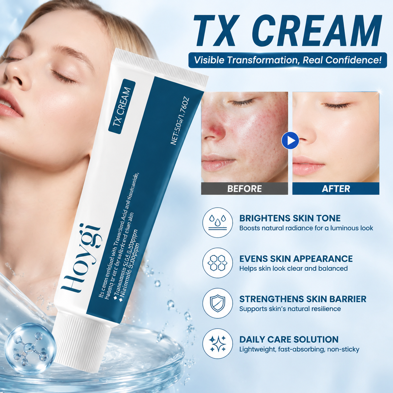Creme Niacinamida e Ácido Tranexâmico 50g | Hidratante uniformizador do tom, fórmula clareadora, brilho da pele |
