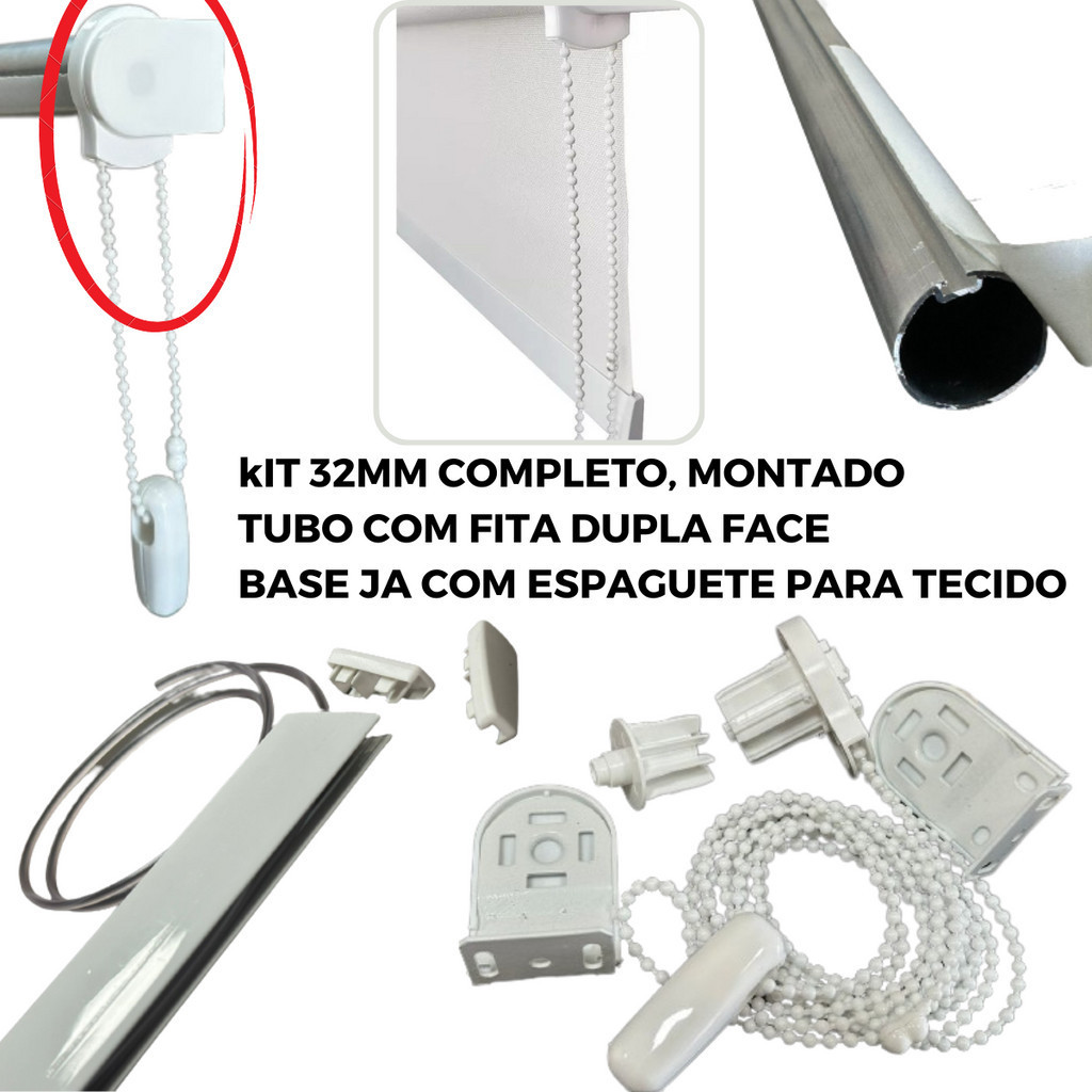 Tubo Persiana Rolo Comando Completo 32mm Base 0,90 metro fita colar tecido baquete para prender base