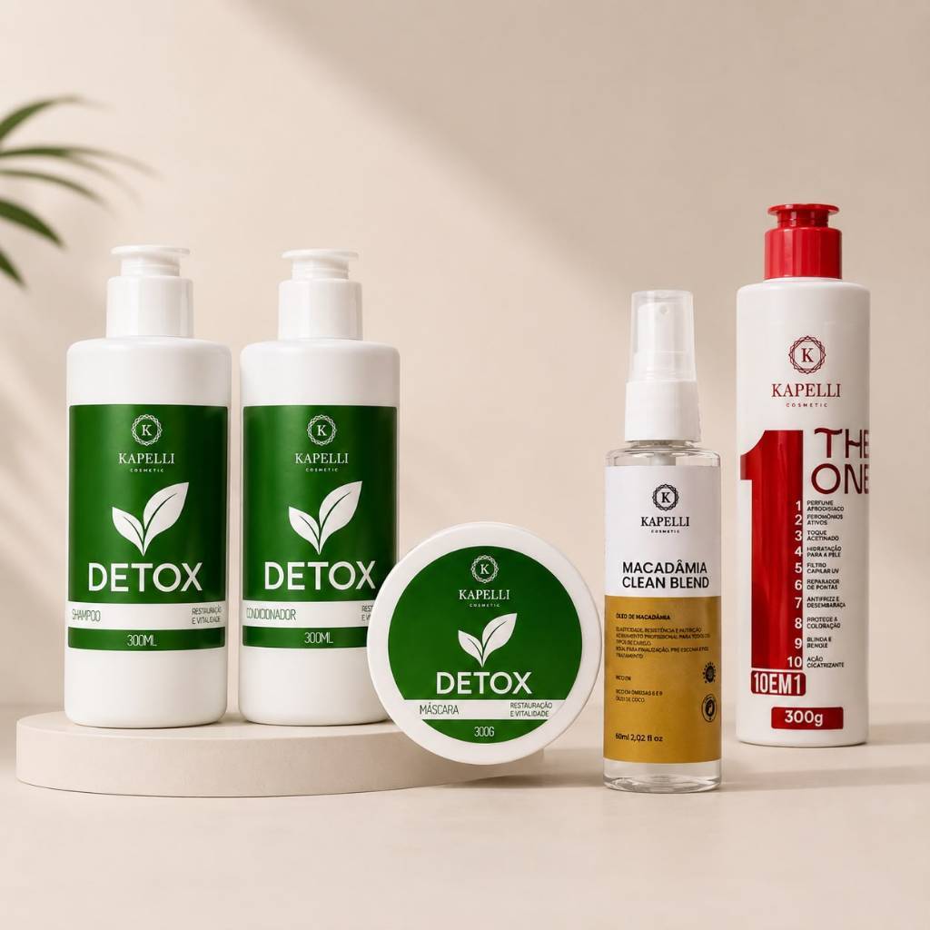 Combo Profissional Detox Restaurador de cabelos 5x1 - Shampoo, condicionador, mascara, leave in e óleo reparador
