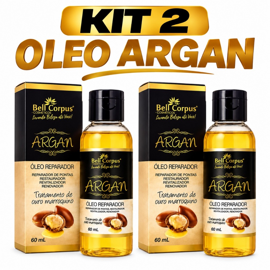Kit 2 Óleo de Argan Bell Corpus 60ml Reparador de Pontas Restaurador Revitalizador Capilar