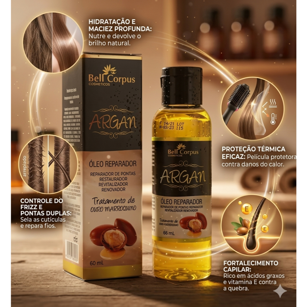 Kit 3 unidades óleo ARGAN - BELL CORPUS - reparador de pontas, restaurador, revitalizador 60 ML