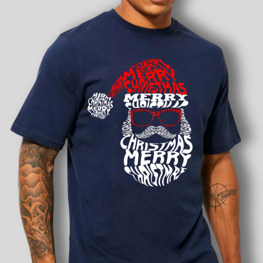 Camiseta Masculina Algodão Estampada Merry Christmas Feliz Natal Rosto Papai Noel