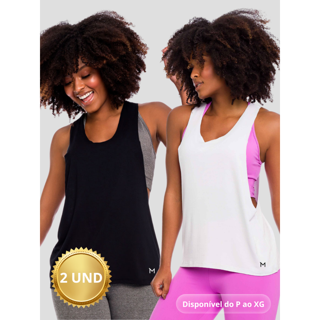 Kit 2 Regatas Femininas Cavada Preta e Branco Lisa Básica Massam Fitness