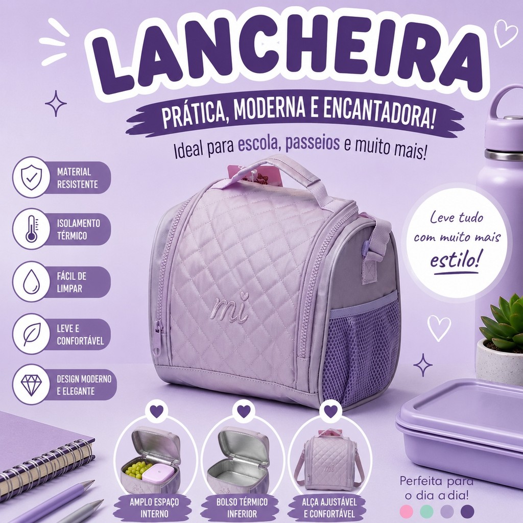 Lancheira Térmica Lamimi Matelassê Losango Cores Verde Marinho Roxo Rosa e Azul Bolsa de Lanche Infantil com Alça T