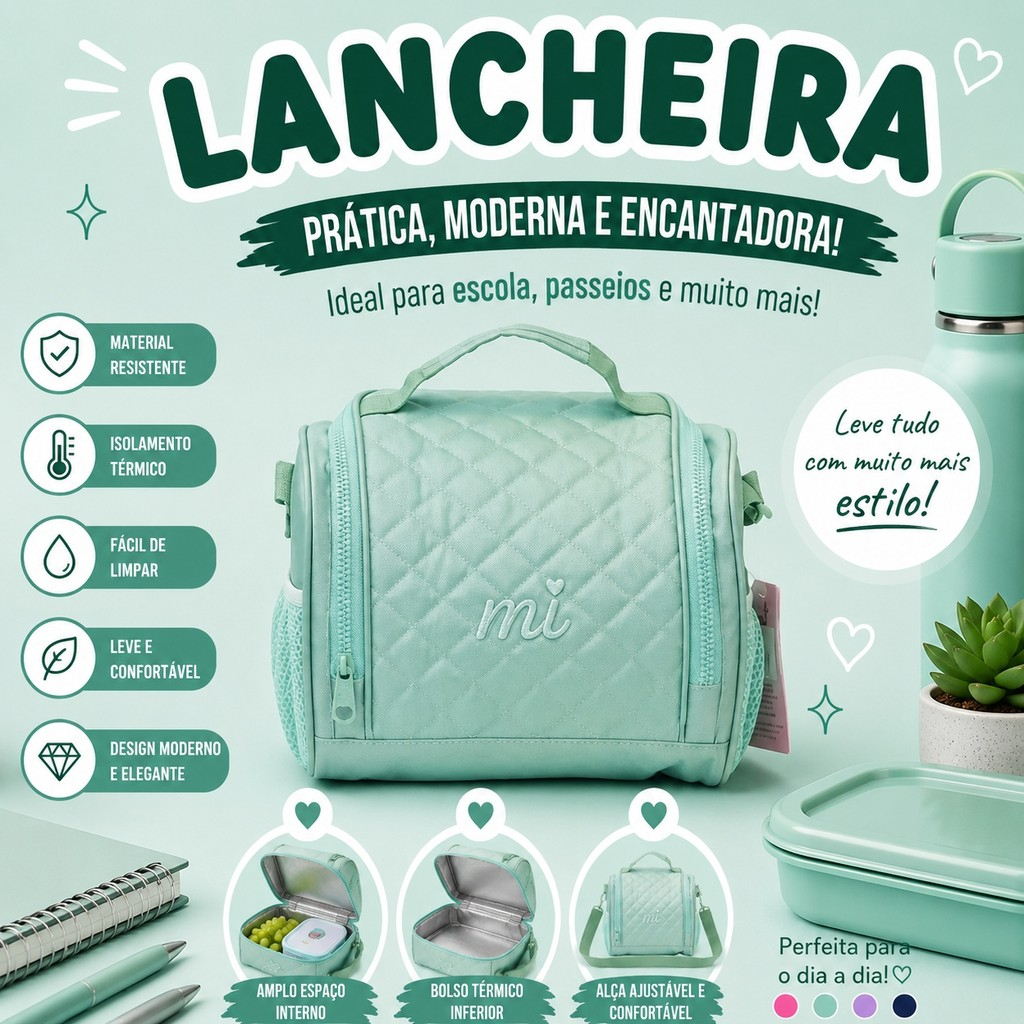 Lancheira Térmica Lamimi Matelassê Losango, Cores Verde, Marinho, Roxo, Rosa e Azul, Bolsa de Lanche Infantil com Alça T
