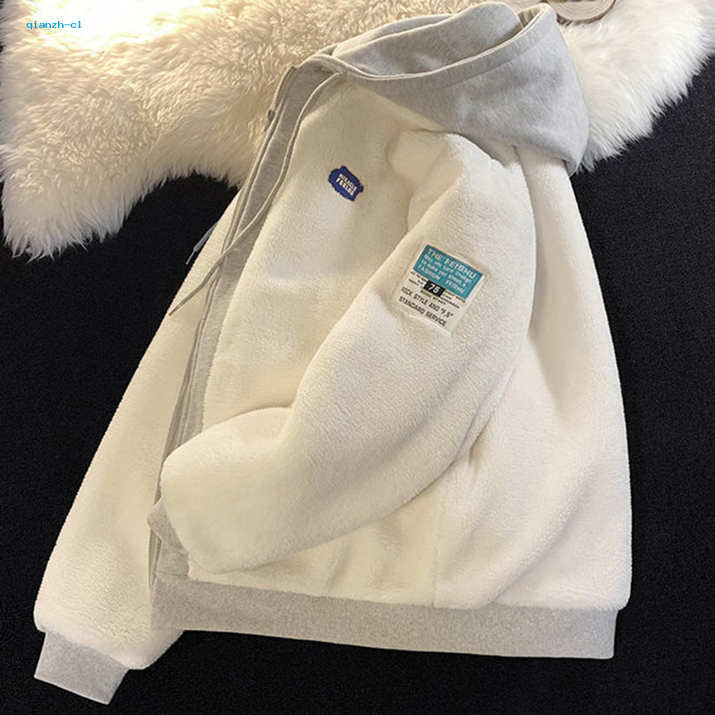 Couple Hoodie Imitation Lambswool Patchwork for Men Women Warm Thick Winter Coat with Zipper Drawstring Pockets Colorblo