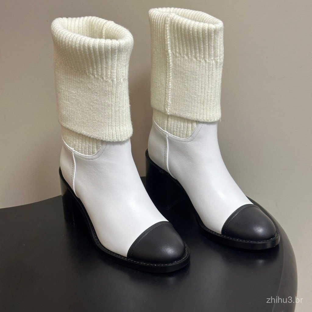 VJXM Knitted patchwork leather ankle boots for women Thick-soled, round-toe, color-blocked knitted ankle boots for women