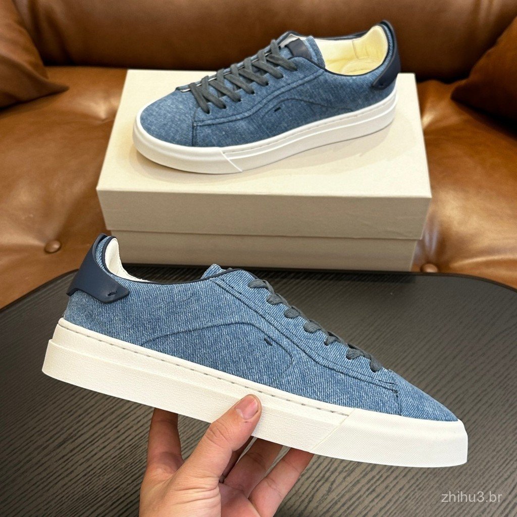 BYXW Denim patchwork sneakers with genuine leather heels Retro washed fabric thick-soled casual lace-up shoes
