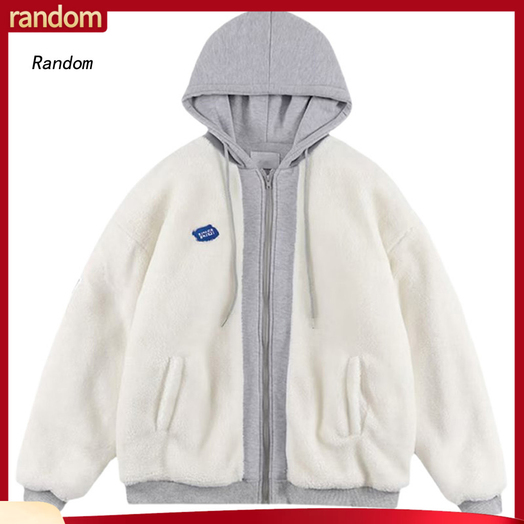Imitation Lambswool Hoodie Couple Patchwork for Men Women Warm Thick Winter Coat with Zipper Drawstring Pockets Colorblo