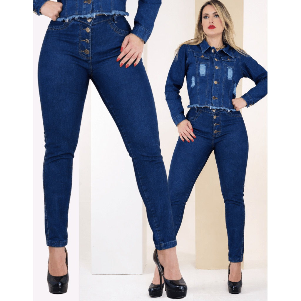 Calça Jeans Feminina Skinny Leg Cintura Alta Rasgada Tecido Encorpado Premium Lycra Empina Bumbum