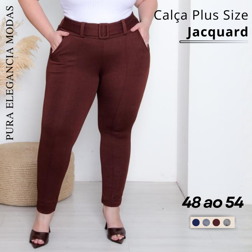 Calça Feminina Jacquard Skinny Social Cintura Alta com Cinto e Bolsos Tecido com Elastano Premium