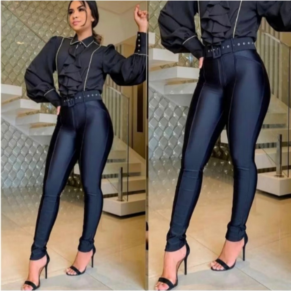 Calça Feminina Skinny Cintura Alta Tecido Cirrê Com Bolsos atrás