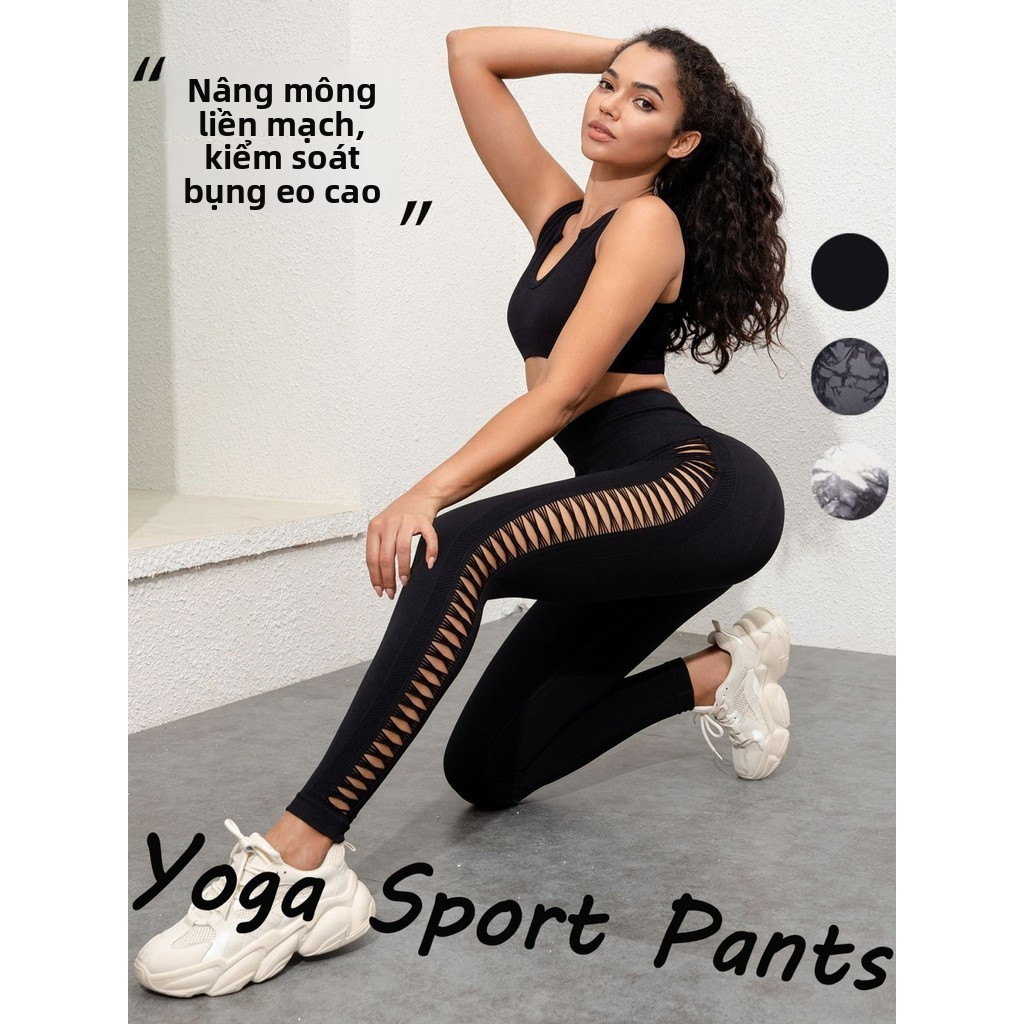 Calças esportivas de cintura alta com bordas vazadas e estampas de têxteis femininas, modelo novo