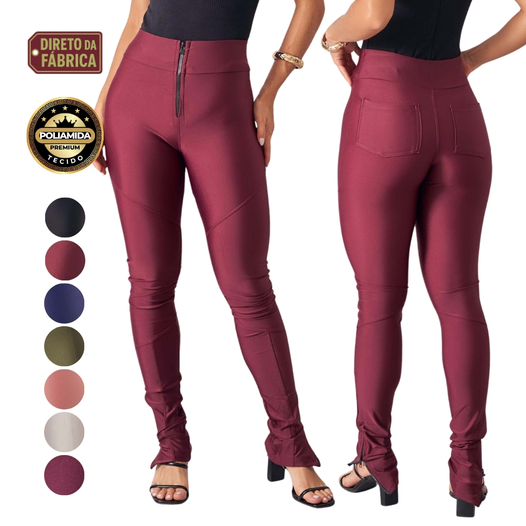 Calça Feminina Power Skinny Poliamida Cirrê Grossa Cintura Alta Modeladora Com Zíper Tratorado