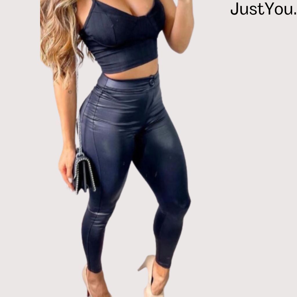 Calça Feminina Legging Leg Cintura Alta Skinny Tecido em Cirre com Botão e Bolso