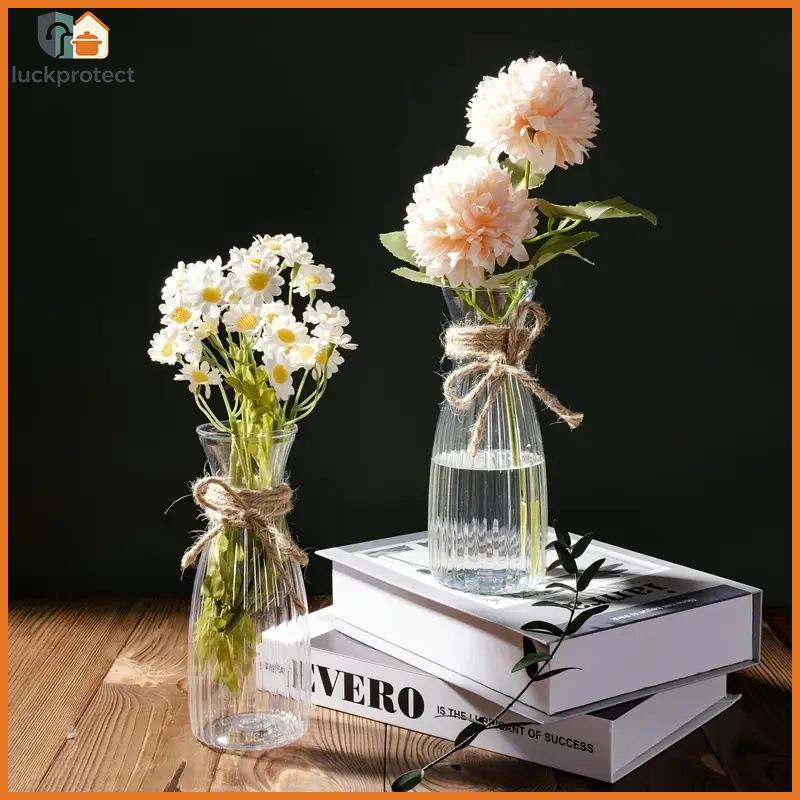 Vaso De Plástico Transparente LPHG Com Decoração De Corda De Juta Plantador Inquebrável Nervuras Verticais Para Flores F