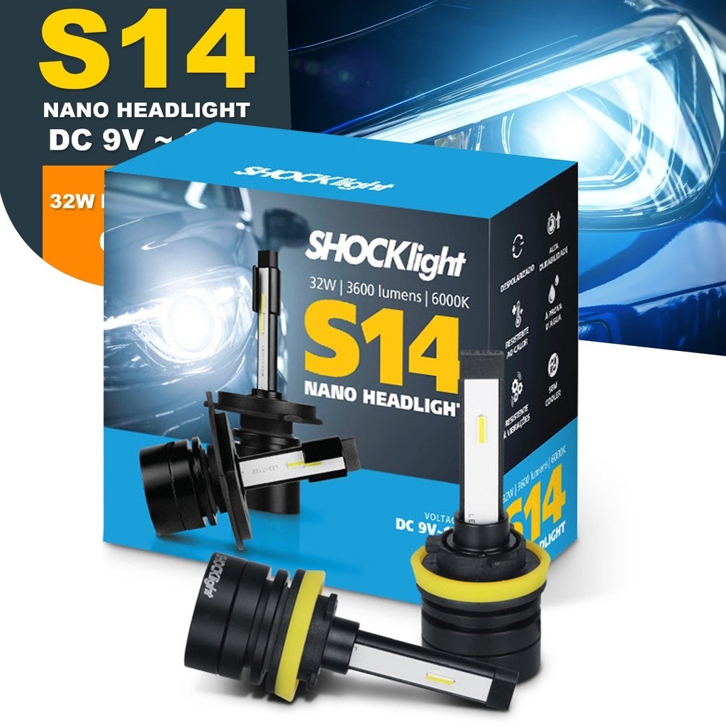 Par Lâmpada Super Led H1 H3 H4 H7 H8 H9 H11 H16 HB3 HB4 Shocklight S14 Nano 6k Ultra Forte 7200LM 9V~12V