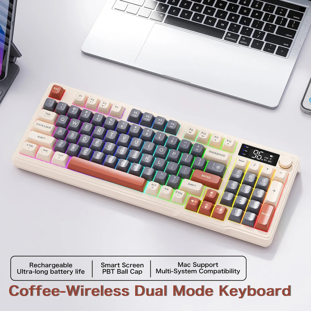 FREE WOLF M96 Teclado sem fio Bluetooth Dual Mode PBT Keycaps Tela Botão Backlight