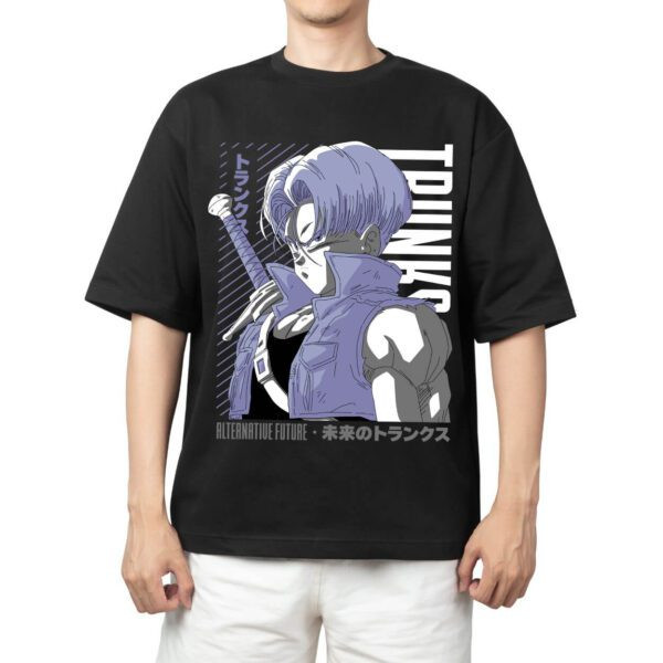 Camiseta Masculina Feminina Oversized Estampa Trunks do Futuro com Espada em Tons Roxo Cinza, Camiseta Streetwear