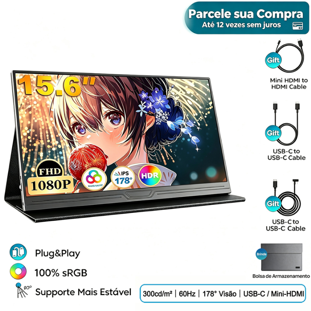 Monitor Portatil 15.6 polegadas IPS 1080P, Free Sync, HDR10, para notebook, celular e console