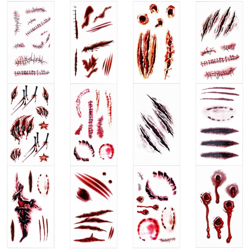 12 Sheets Scratch Tattoos Halloween Scar Temporary Tattoos Realistic Scar Tattoo Sticker Fake Scars Temporary Tattoos Wa