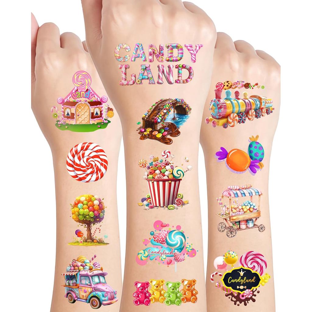ANTING 244 Pieces Cute Candyland Temporary Tattoos Stickers,20 Sheets Candy Land Lollipop Donut Themed Tattoos Stickers