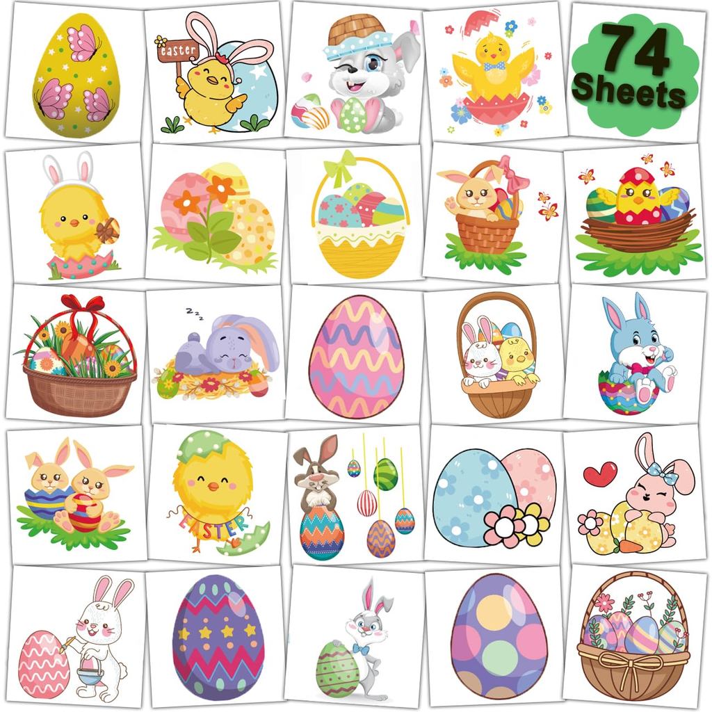CHARLENT Easter Temporary Tattoos for Kids Party Supplies - 74 Individually Sheets Easter Egg Bunny Tattoos for Boys Gir