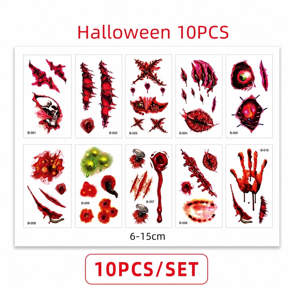 10 Pcs Aleatório Halloween Assustador Maquiagem Tatuagem Adesivos Lifelike Red Wound Scar Decal Sheet