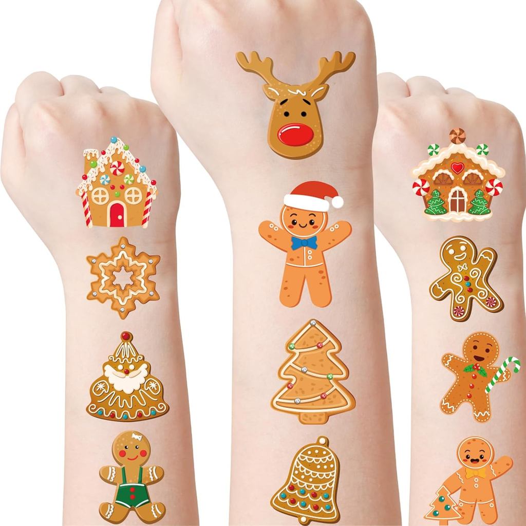 Merry Christmas Gingerbread Temporary Tattoos - 8 Sheets 280 Pcs Birthday Party Decorations Cute Man Cookies Tattoo Stic