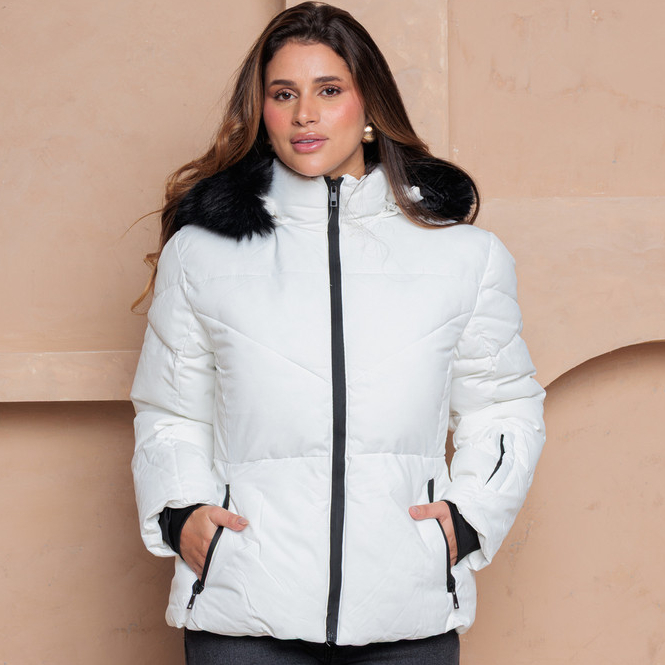 Jaqueta Feminina Puffer com Capuz Peluciado Bobojaco Inverno